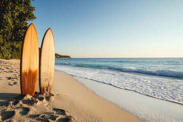 A minimalistic summer beach scene with a surfboard standing upright on soft sand.