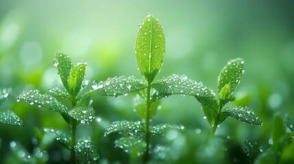 Dew Drops Adorn Vibrant Green New Plant Growth