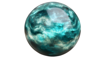 A glowing blue crystal sphere with swirling mist inside, evoking a sense of mystery and enchantment, positioned in the center on a transparent background 