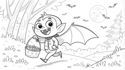 Fototapeta premium Cute Vampire Trick-or-Treating Halloween Line Art, Black and White Illustration, Night Scene Halloween, Coloring Page