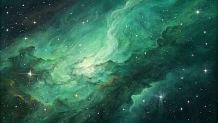 Obraz premium Emerald Nebula Watercolor Cosmic Landscape, Deep Space, Starry Night, Green Galaxy Nebula, Watercolor
