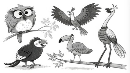 Naklejka premium Five Monochromatic Birds on Branches Pencil Sketch, Whimsical Bird Illustration, Cartoon Bird Art bird illustration, pencil sketch