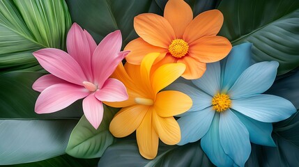 Fototapeta premium Vibrant Close-up of Colorful Flowers in Lush Green Foliage, Evoking Serenity and Natural Beauty