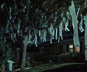 a suburban front yard at night after toilet papering. a harmless prank where rolls of toilet paper are tossed so that the paper unravels and drapes over the branches of trees and bushes. TPing.