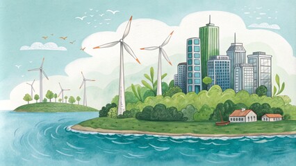 Green City Island Watercolor Coastal Eco-Composition with Wind Turbines, Green Buildings and Birds Green energy, sustainable city