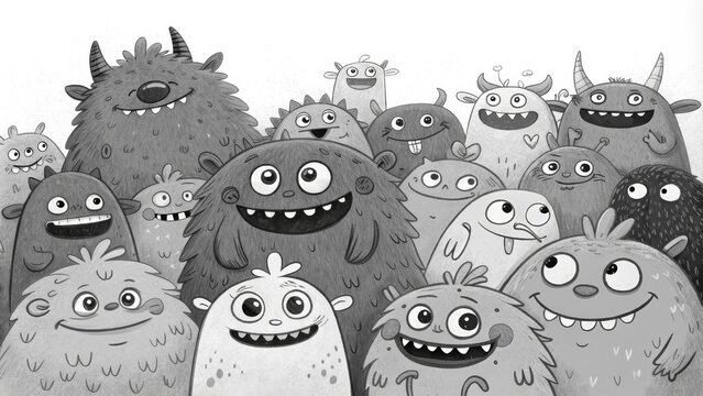 Grey Scale Monster Mash Group Portrait, Pencil Sketch, Playful Concept, illustration, monster Monsters, illustration