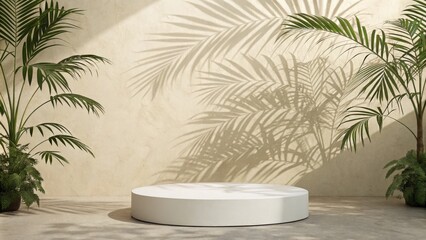 Fototapeta premium Minimalist Round Podium with Palm Shadows, Beige Wall Background, 3D Render, Product Display Product mockup, Minimalist design
