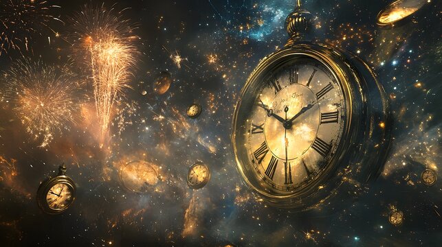 A celebration of a new year with fireworks, clocks, and a large countdown clock floating in space