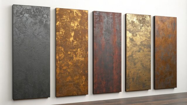 Metallic Textures Five Panel Abstract Art, Vertical Composition, Gold, Rust, Grey, Modern Decor Metallic art, abstract art