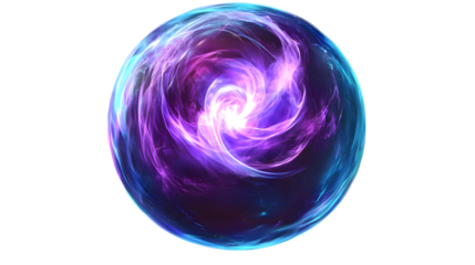 A glowing plasma sphere with swirling electric currents trapped inside, emitting a vibrant blue and purple glow, positioned centrally on a transparent background 