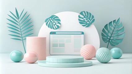 Pastel Cylinder and Sphere Podium with Website Mockup and Tropical Leaves, 3D Render, Product Display 3D rendering, product showcase