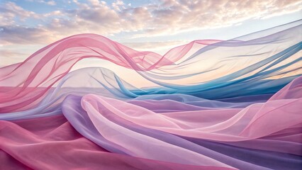 Obraz premium Pastel Fabric Draped in Wind, Sky Background, Abstract Art, Soft Colors, Pink, Blue, Purple