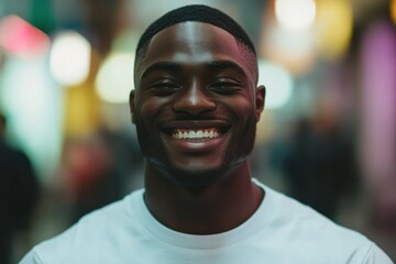 Fototapeta premium Close-Up Shot of a Person Smiling Joyfully While Leaving a Positive Review on a Mobile App in Soft Ambient Lighting, Captured in a Cinematic Style