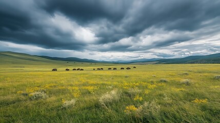 Obraz premium Cattle Grazing in Vibrant Meadow Under Dramatic Stormy Sky A Picturesque Landscape of Natural Beauty