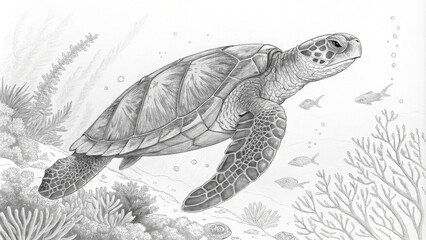 Fototapeta premium Pencil Sketch Underwater Sea Turtle Composition, Detailed Shell and Coral Reef, Monochrome Art, marine life Sea Turtle, Pencil Drawing
