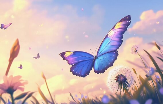 Fototapeta Beautiful blue butterfly on a dandelion against the sky background. Blue morpho, with purple wings in close-up. A beautiful nature scene with flying,