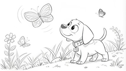 Puppy and Butterflies Pencil Sketch, Nature Scene, Childrens Illustration, Cartoon Dog, Black and White Keywords Puppy, Butterfly