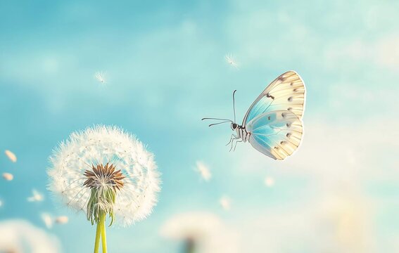 Fototapeta Beautiful blue butterfly on a dandelion against the sky. The background has ample space for text or design. A beautiful background with a beautiful