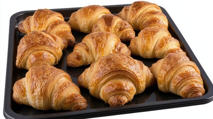 Fototapeta premium A tray of freshly baked croissants with golden, flaky exteriors, Each pastry showcasing its buttery layers and delicate aroma