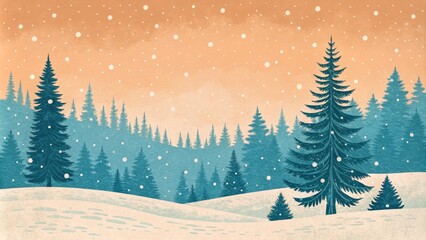 Naklejka premium Snowy Winter Landscape Digital Painting of Pine Trees, Snowfall and Footprints, Winter Wonderland, Christmas card Winter scene, Christmas art