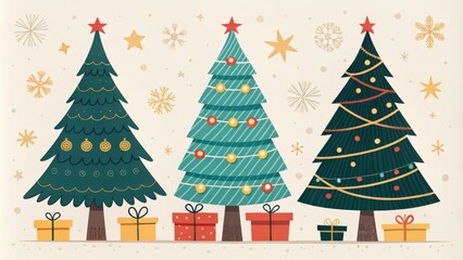 Obraz premium Three Festive Christmas Trees with Gifts, Flat Design, Holiday Illustration, Xmas Decor Christmas, Holiday Season