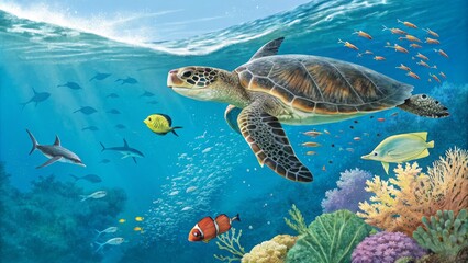 Obraz premium Underwater Seascape Green Sea Turtle Composition, Coral Reef and Fish Illustration, Ocean Life, Marine Art Ocean wildlife, underwater painting