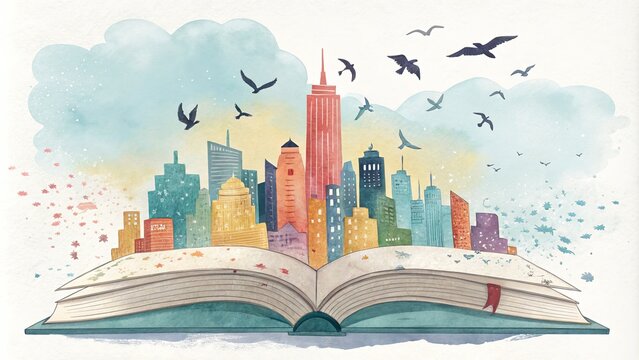 Watercolor Cityscape Emerging from Open Book, Birds, Leaves, Urban Fantasy Illustration, Book Cover Design Keywords cityscape, book art - Powered by Adobe