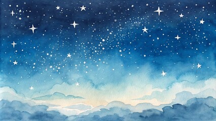 Fototapeta premium Watercolor Night Sky Starry Landscape, Blue Hues, Dreamy Clouds, Celestial Art, Night Scene Watercolor painting, stars