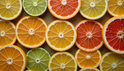 Obraz premium Slices of lemon, lime, orange and grapefruit are arranged in a circular pattern