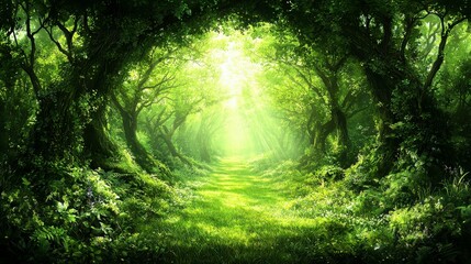 Fototapeta premium A lush green forest with sunlight filtering through the trees, emphasizing the importance of environmental conservation and preserving natural habitats for biodiversity in a realistic photo.