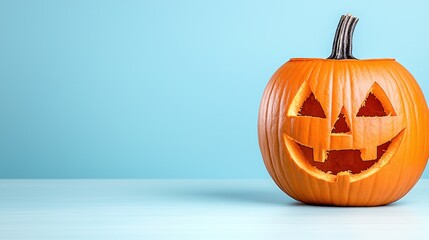 Carved Halloween pumpkin on blue background