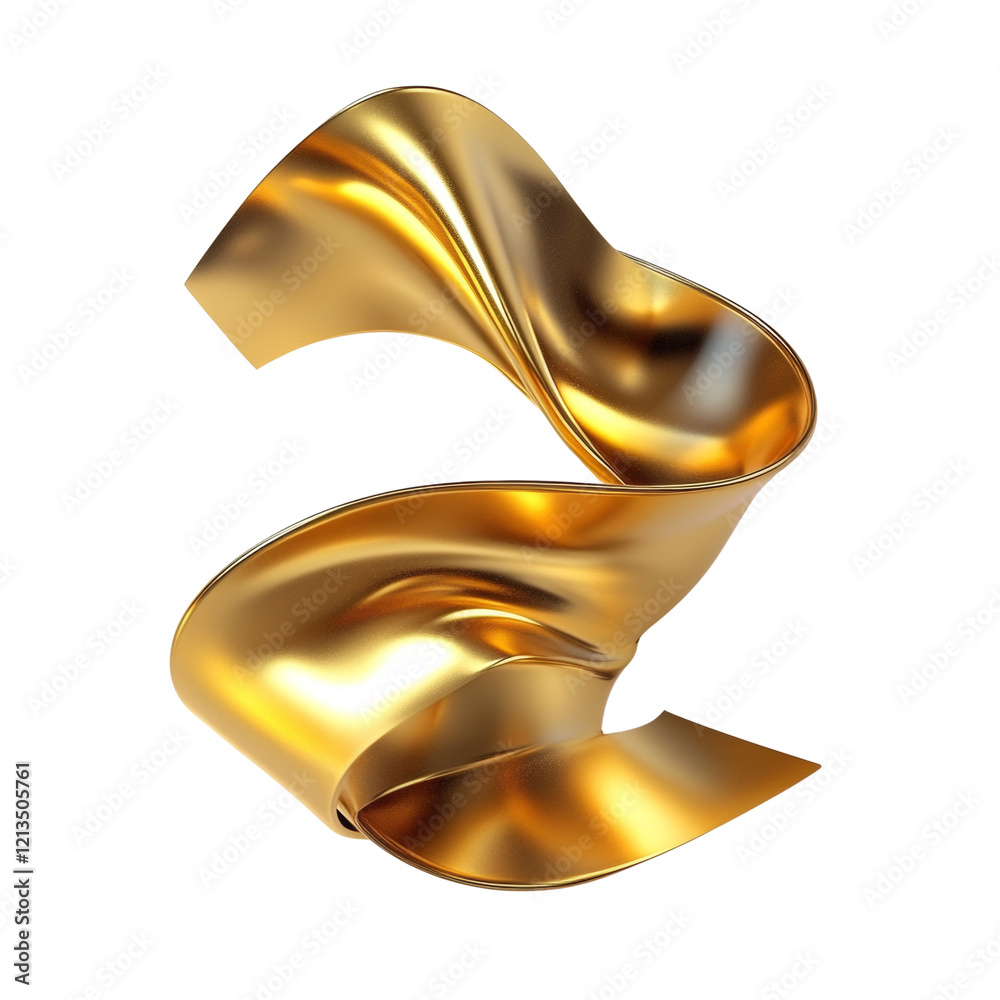 Poster a digitally rendered image showcases a swirling golden ribbon with a smooth metallic texture against