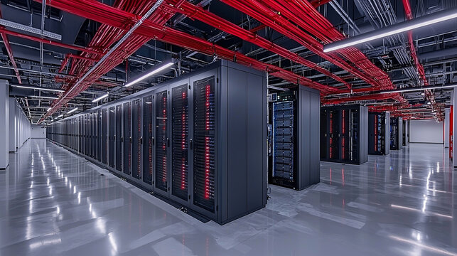 Modern data center with rows of servers and red piping.