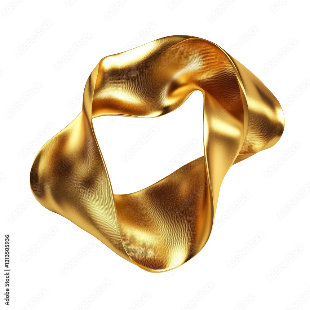 Poster A digitally rendered image showcases a golden abstract form resembling a twisted ribbon with a smooth metallic texture against a white background.