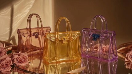 Transparent handbags on display, studio shot. Lifestyle photography for advertising