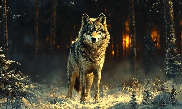 Majestic wolf standing in a snowy forest during twilight, with a warm glow of a distant fire in the background