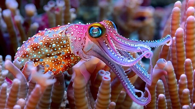 Vibrant Reef Squid: A Close-Up of a Spotted Bobtail Squid in its Coral Habitat