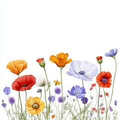 Naklejka premium Watercolor Wildflower Meadow: A Vibrant Collection of Poppies, Cosmos, and Delicate Blooms in a Cheerful and Idyllic Setting