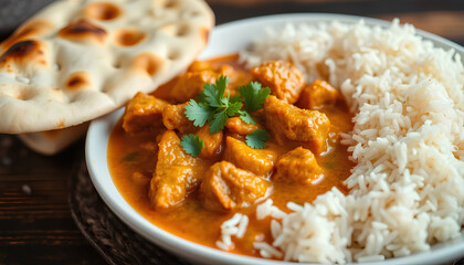 Thick and spicy butter chicken curry served with warm naan bread and aromatic basmati rice