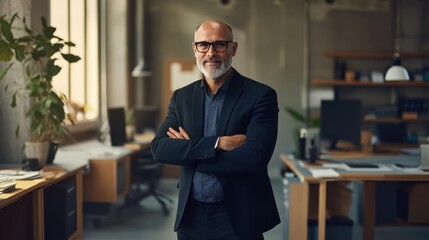 Fototapeta premium Confident Bald Businessman Stands Arms Crossed in Office