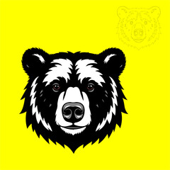 Vector illustration of a bear's head in minimalist style and contrasting colors. The bright yellow background highlights the black and white design of the bear's head. Suitable for logo design needs, 