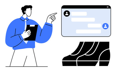 Office worker holding a clipboard, pointing to a chat window on screen, showcasing online messaging. Ideal for remote work, communication, technology, virtual meetings, productivity, teamwork