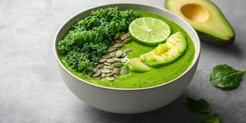 Green smoothie bowl topped with greens, avocado, and lime slices. Healthy breakfast bowl recipe.