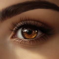 Fototapeta premium Close-up amber eye, sunlight, eyelash, beauty, studio, cosmetic, advertising, skincare
