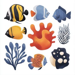 Vibrant Watercolor Fish and Coral Reef Elements: A Colorful Collection for Design and Illustration
