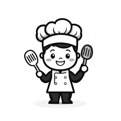 Cartoon chef holding spatulas, simple graphic, cooking concept, stock photo