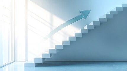 White Staircase Ascending With A Blue Arrow