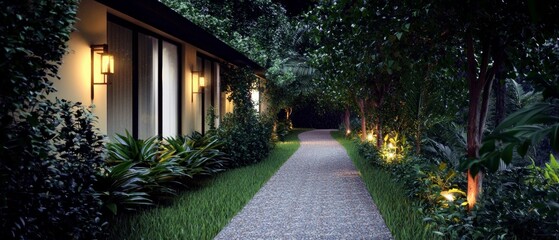 Fototapeta premium Tranquil Villa Pathway Lush Garden Night Lighting Landscaping