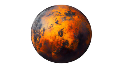 A rusted iron sphere with textured corrosion patterns in shades of orange and brown, symbolizing age and decay, positioned centrally on a transparent background 