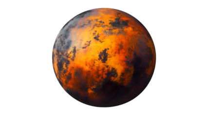 A rusted iron sphere with textured corrosion patterns in shades of orange and brown, symbolizing age and decay, positioned centrally on a transparent background 